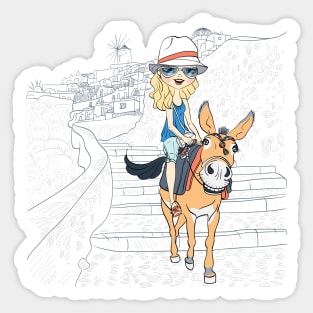 Beautiful girl on a donkey in Oia, Santorini Sticker